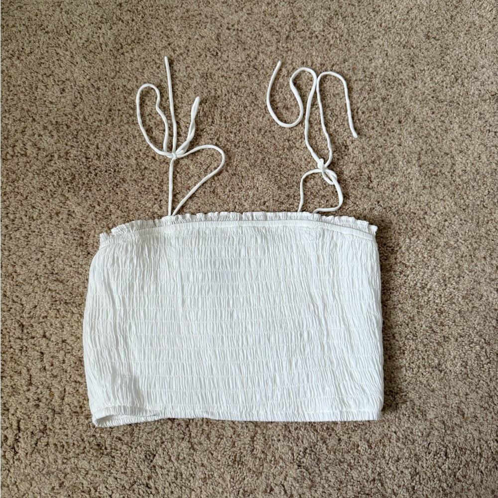 White Smocked Crop Cami with Tie Straps, L